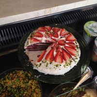 strawberry cake at Aux Deux Portes Cafe in Geneva