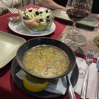 Veggie soup, village salad at Zonja Gjene in Berat