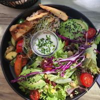 Vegan bowl with salad tofu and rice at La Table de Montreux in Montreux