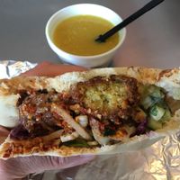 Falafel pita sandwich with lentil soup. A favorite lunch of mine. at Naf Naf Grill in Eden Prairie