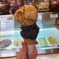 Vegan sweet potato cheesecake on top and vegan black sesame on the bottom! They also had vegan chocolate marshmallow and sorrel sorbet.  at Melba Ice Creamery in Lawrence Township