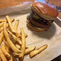 Vegan burger and fries at Rock Bottom Restaurant & Brewery in Loveland