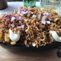 belgian fries with loads of fried onion !!  at OhMA Gent in Ghent