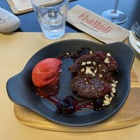 Chocolate soufflé with raspberry ice cream   at Első Mádi Borház in Mad