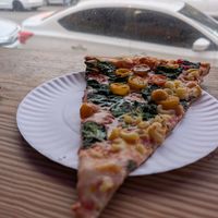 Tomato spinach with some bonus mac at Dimo's Pizza - Lincoln Square in Chicago