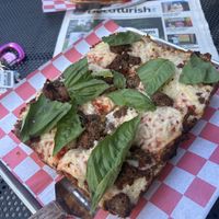 Detroit style pizza with spaceballs and basil😄 at Corner Slice in Decatur