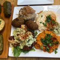 The Arabian Breeze Mezza (right) and the Veggie Grape Leaves (Left)  at Nicholas Restaurant in Gresham