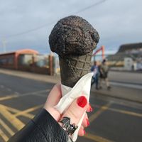 Black cone, plant based blood orange and chocolate ice cream, coal dust at Truly Scrumptious in Whitby