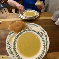 split pea soup and roll w/ vegan butter  at The Clootie Dumpling in Dunkeld