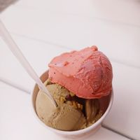 Pistachio and strawberry ice cream at Mabi in Vila Nova De Milfontes