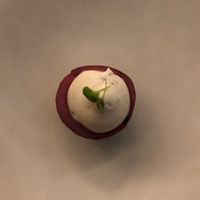 Amuse Bouche… some kind of potato with truffle "cheese” filling  at Inn of the Seventh Ray in Topanga