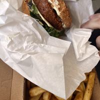 Euro burger and chips   at Vege Rama - Adelaide St in Brisbane