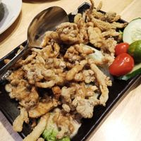 Crispy oyster mushrooms with sesame dressing. Vegan, with no eggs or dairy in batter. at Beyond Veggie by Secret Recipe in Petaling Jaya
