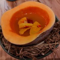 Delicious broth in a fresh gourd at The Second Story at Little Saint in Healdsburg