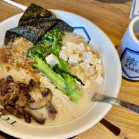  Vegan Quartz ramen & green teaa  at Rakkan Ramen in Dallas