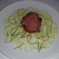 roselle sorbet with pineapple slices at L'Elephant Vert in Luang Prabang