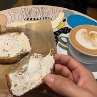 Delicious! Tufu cream cheese everything bagel with almond milk moca latte at Pavement Coffeehouse - Newbury in Boston