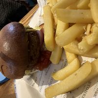 Beyond burger with chips   at Henbury Arms in Bristol
