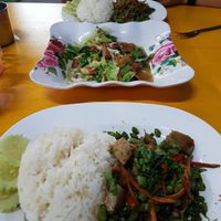 Rice with veggies, mock meat and salad at Nong J - ร้านน้องเจ in Phuket