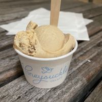Small cut with half peanut butter and half chocolate brownie chunk (underneath the PB)  at Honeysuckle Gelato in Cary