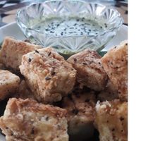 Tofu Tempura with sumac spice and toasted black sesame, with tamarind and cilantro dipping sauce at Auntie Moon's Tea Shop - Maybe closed in Nakhon Si Thammarat