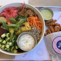 mediterranean chickpea bowl & sweet potato fries   at Hey Sunshine Kitchen in Culver City