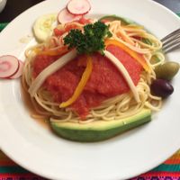 Espaguetis con salsa y tofu  at Shaman Restaurant in Cusco