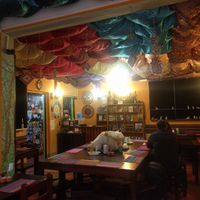 A great little spot, full of interesting things to see and (as if you could miss it, this is one fancy ceiling! at Shaman Restaurant in Cusco