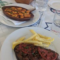 Imam with chips, and giant beans in tomato sauce at Agia Paraskevi Beach Restaurant in Kefalonia