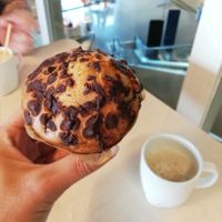 Vegan vanilla chocolate cupcake with oatmilk cappuccino at IKEA in Groningen