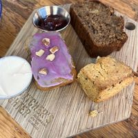 Bakery trio (banana bread, blueberry almond bread, rosemary scone with a bite missing!)  at The Butcher's Daughter - Nolita in New York City