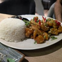 Crunchy cauliflower in orange sauce with mushroom salad and rice at Asian Street in Chisinau
