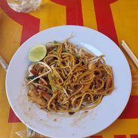 Noodles with mock meat and veggies  at Vegan Thai Food Stalls in Bangkok