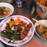 we got a hodgepodge of vegan meats on rice at Vegan Thai Food Stalls in Bangkok