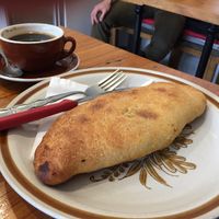 Vegan Calzone with Long Black at Crumbs Organic Bakehouse in Kensington