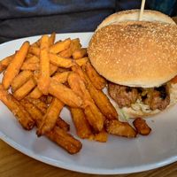 Beyond sausage burger with sweet potato fries at Coogi's Pizzeria & Bistrot in Mdina