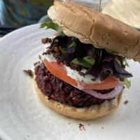 Burger with BBQ & vegan ranch  at Sunflower Cafe in Nashville