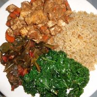 Clockwise from six o'clock: Thai ginger tofu, quinoa, sesame kale and collard greens.  at Sunflower Cafe in Nashville