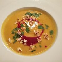 carrot soup with raspberry dressing at VEG Deli in Warsaw