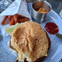 Vegan burger with sweet potato fries and coleslaw at Berghaus Malbun Buchserberg in Buchs