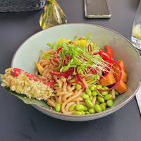 Japanische Nudeln mit einem leckeren Tofu-Stick. at Soy Club in Stuttgart