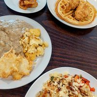 Bacon, chicken waffles, biscuits with gravy, hash at Bed Head Vegan Brunch House in Bethlehem