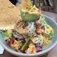 Spicy Smoky Chipotle Avocado Pomelo Sushi Volcano - local organic okra, papadum, chickpea, bell pepper, radish pickle, carrot, red cabbage, smoky chipotle mayo  at Wanaka in Hong Kong Island