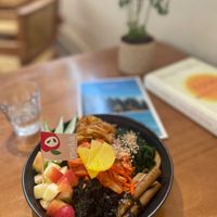 Vegan Bibimbap~ So good! Several types of picketed vegetables, crunchy burdock, good greens and sweet apples. Really well balanced. The quinoa was a nice twist! Very nutritious. at Wanaka in Hong Kong Island