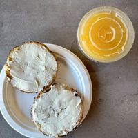 Toasted Bagel, Cream Cheese and OJ  at Manhattan Bread & Bagel in Manhattan Beach