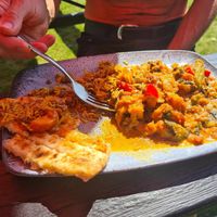 OTTO FIRED ROASTED VEGATABLE QURMA ( Persian Curry) tempered with cashew & almonds nuts, topped with 
fried cauliflower, medjrdra rice & flat bread(always a hit with us) at The Space Invader in Crewe