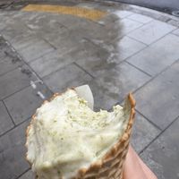 Pistachio almond ice cream (started eating before taking the photo, a good sign I guess)   at Manu Gelato - Eaux-Vives in Geneva