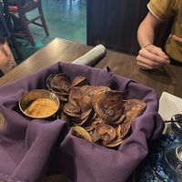 Chip basket with cashew butter dip   at Indigo Cafe in Cleveland