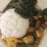 Economy rice with: eggplant, okra, tofu and cabbage curry; sautéed greens; mock meat braised in soy sauce.  at Loke Yuen in Kuala Lumpur
