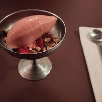 Sorbet with strawberries, herbs and roasted hazelnuts. at Theo in Copenhagen